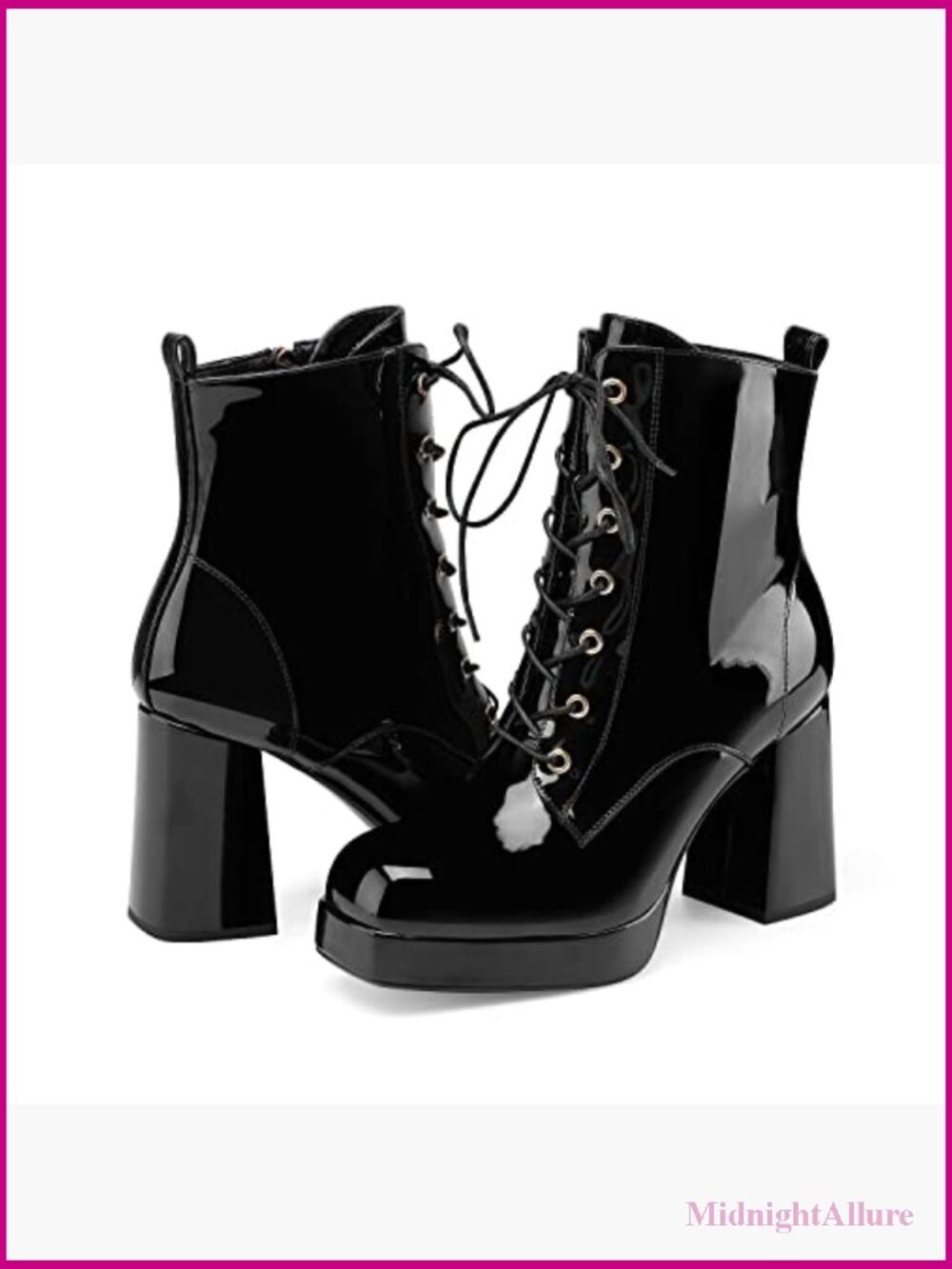 Women's Platform Ankle Boots Chunky Heel Lace Up Square Toe Patent Leather - Picture 3 of 7